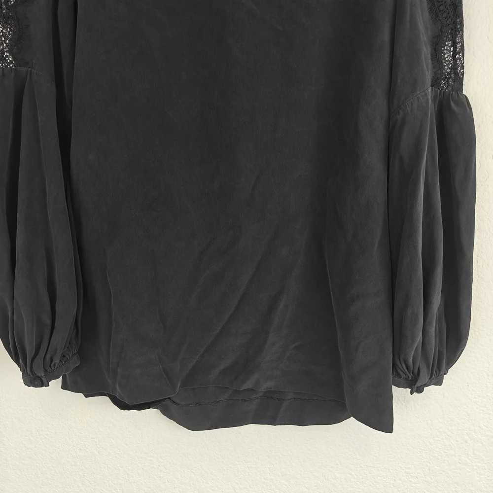 Tory Burch Black Silk Lantern Sleeve Blouse | Lace Neckline Romantic Boho Top 6